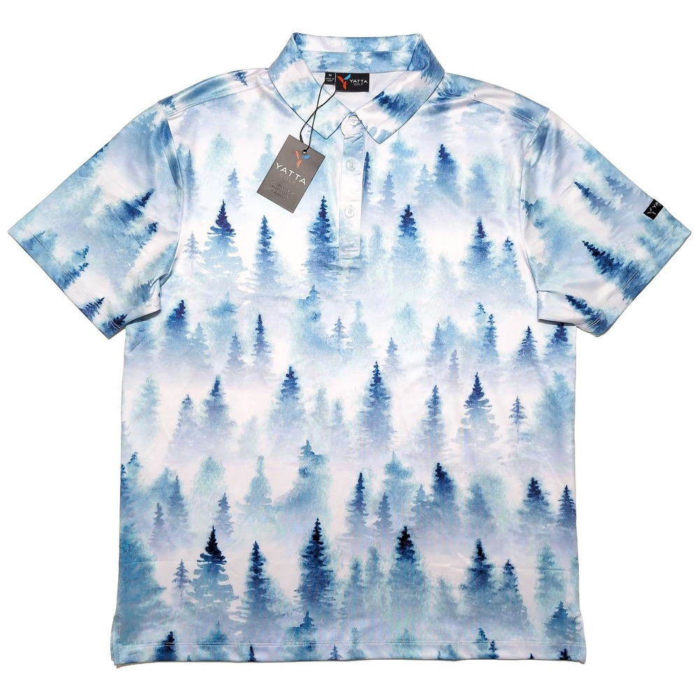 YATTA GOLF Performance Polo Shirt Subtle Pines Trees Blue Medium M ~ New